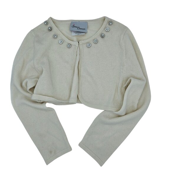 Sweet Charmers Ivory Cropped Cardigan Pearl Embellished Neckline Long Sleeves Wo - Picture 1 of 14